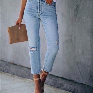 Distressed High Rise Straight Denim